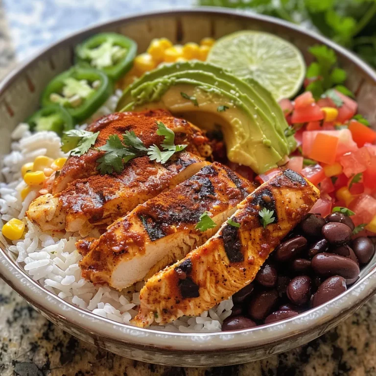 A close-up view of a Mexican Chicken and Rice Bowl featuring colorful ingredients.