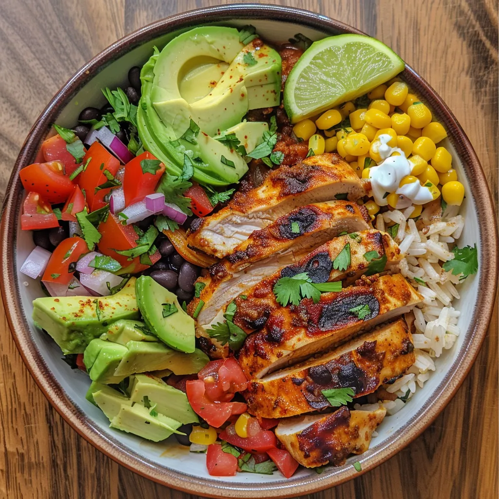 Side view of a delicious Mexican Chicken and Rice Bowl featuring vibrant ingredients like corn and tomatoes.