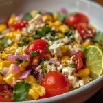 Close-up view of colorful Mexican street corn salad in a bowl, featuring corn, tomatoes, and cheese.