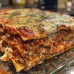 Close-up view of a slice of Million Dollar Lasagna showcasing layers of meat, cheese, and sauce.