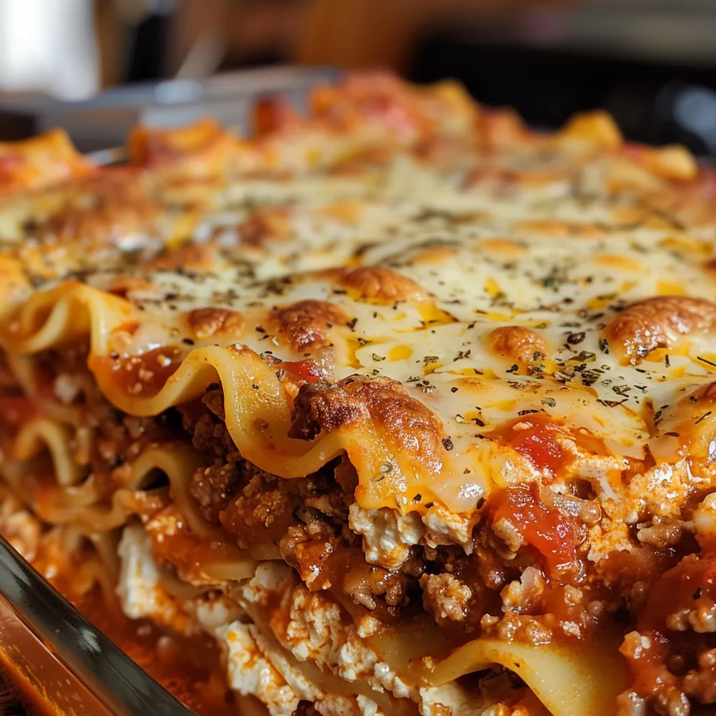 Side profile of a hearty piece of Million Dollar Lasagna with visible cheese and ground beef.