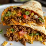 Close-up view of a Nacho Cheese Beef Wrap filled with melted cheese and ground beef.