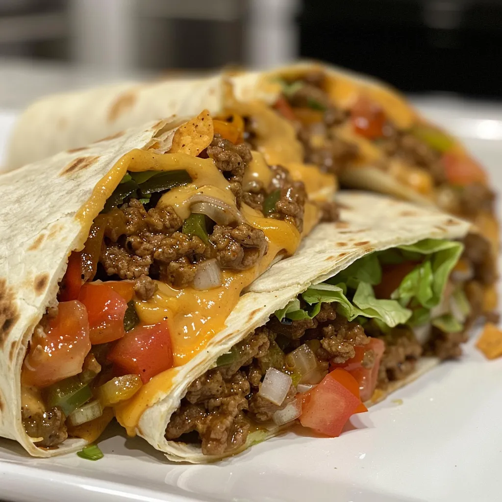 Side view of a juicy beef wrap with nacho cheese, garnished with fresh ingredients.