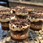 Close-up view of creamy no-bake chocolate cheesecake cups topped with chocolate shavings.