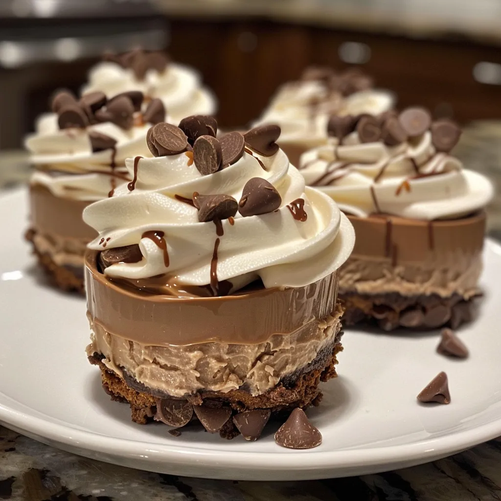 Side angle of individual chocolate cheesecake cups in clear dessert glasses, showcasing layered textures.