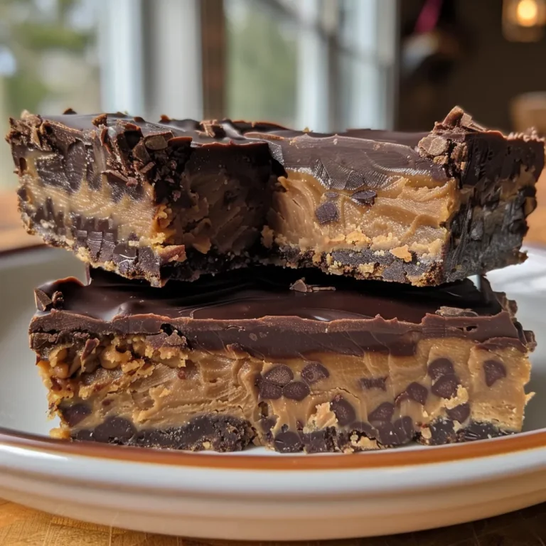Close-up view of No Bake Chocolate Peanut Butter Bars with a glossy chocolate topping.