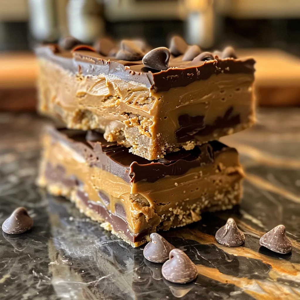 Side view of delicious No Bake Chocolate Peanut Butter Bars, showcasing the layers of peanut butter and chocolate.