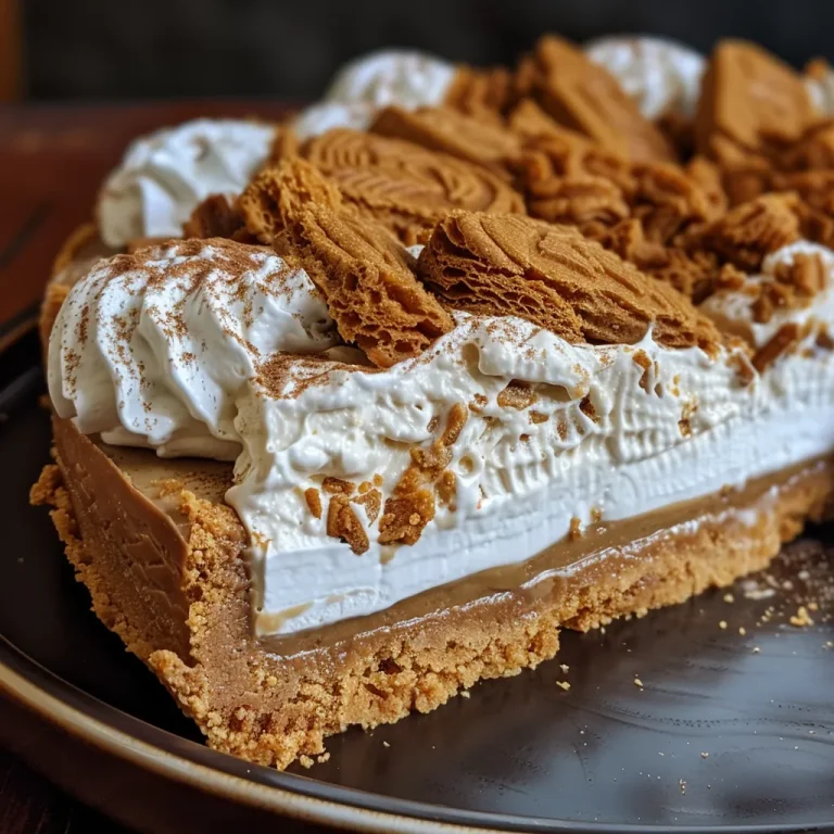Close-up side view of a creamy No-Bake Lotus Biscoff Pie with a biscuit crust.