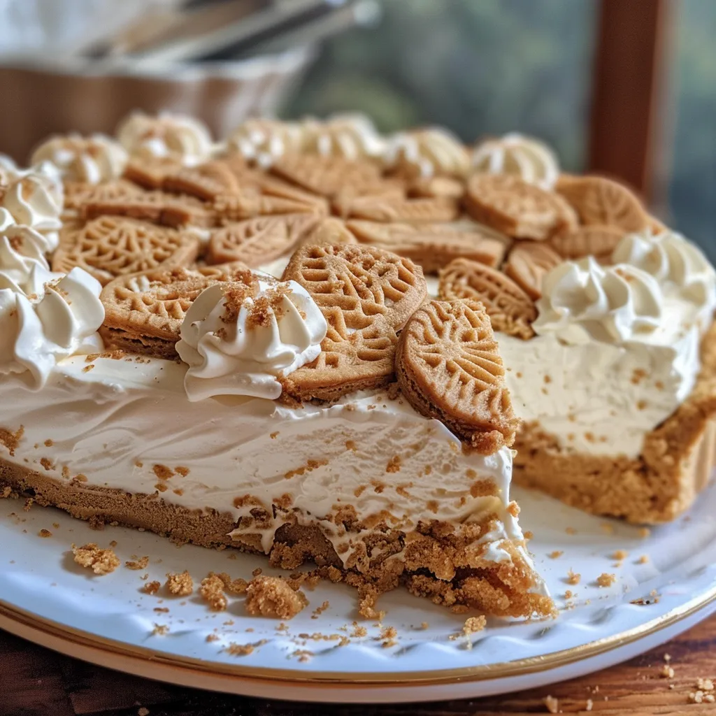 Delicious No-Bake Lotus Biscoff Pie displayed on a plate, showcasing its creamy texture.