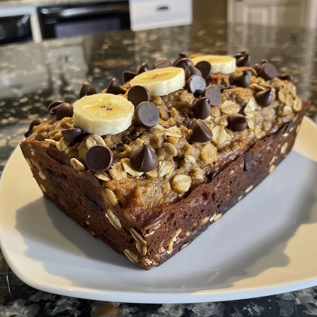 Close-up view of homemade oatmeal banana bread with a golden crust and chocolate bits.