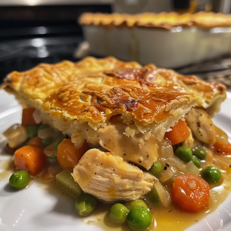 Side view of a golden-brown chicken pot pie with visible chicken and vegetables.
