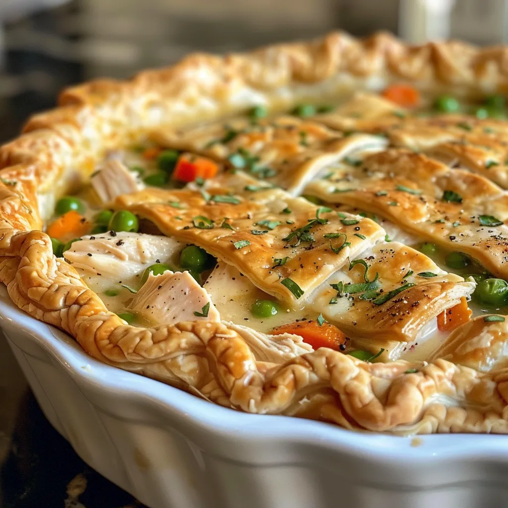 Side view of a homemade chicken pot pie showing flaky crust and colorful filling.