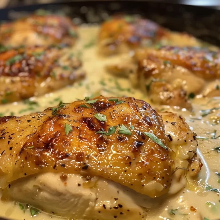 Close-up view of a creamy chicken dish in a skillet, garnished with herbs.
