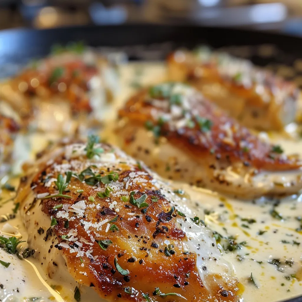 Juicy one-pan creamy chicken with a glossy sauce, served side view.
