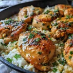 Close-up view of juicy garlic butter chicken served with rice.