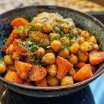 A vibrant bowl featuring roasted carrots and chickpeas, garnished with a creamy dressing, viewed from the side.