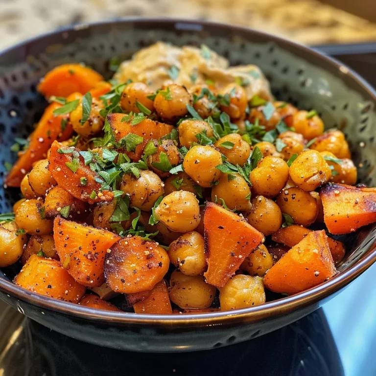 A vibrant bowl featuring roasted carrots and chickpeas, garnished with a creamy dressing, viewed from the side.