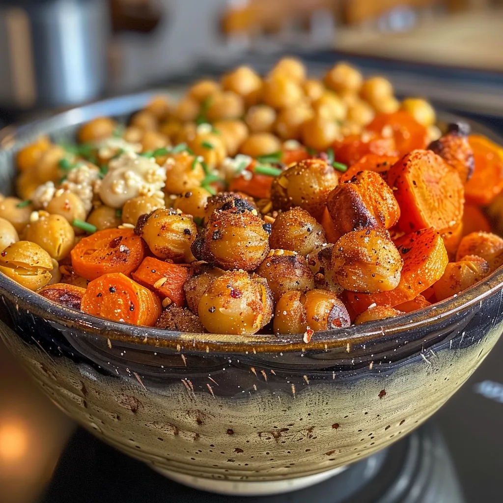 Close-up of a colorful roasted carrot and chickpea dish, showcasing the texture of the ingredients and dressing.