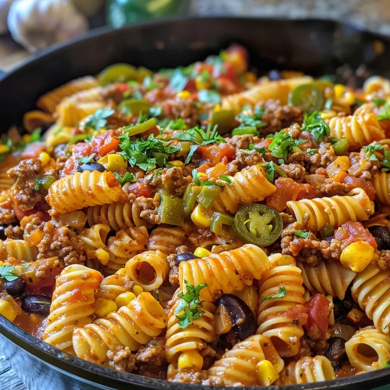Close-up view of a bowl filled with One Pot Beef Taco Pasta, showcasing the pasta, beef, and toppings.