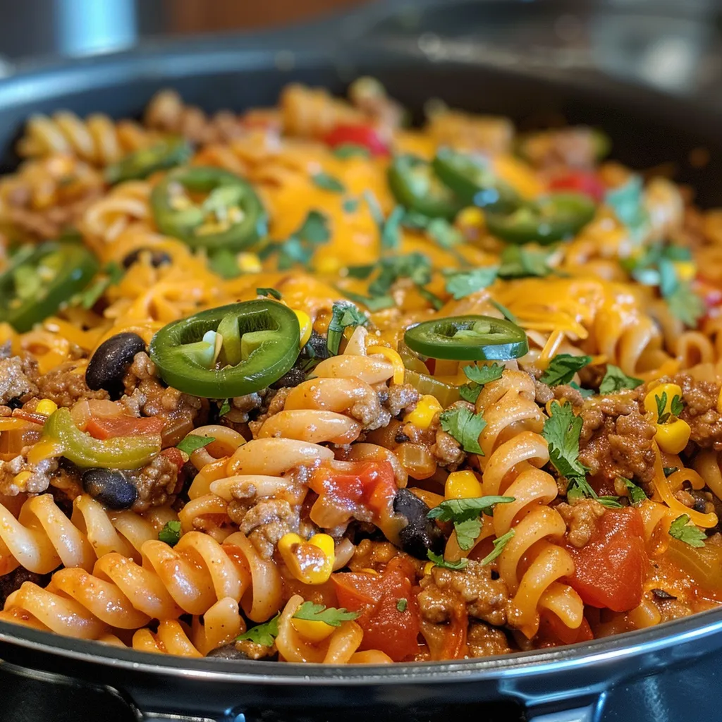 Side angle of a hearty plate of One Pot Beef Taco Pasta, featuring colorful toppings and melted cheese.