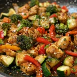 Close-up view of a skillet filled with cooked chicken and colorful vegetables.