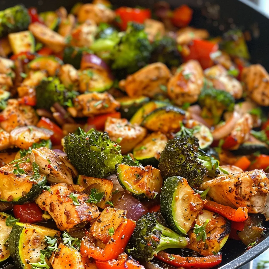 Juicy chicken pieces surrounded by vibrant zucchini, bell peppers, and broccoli in a skillet.