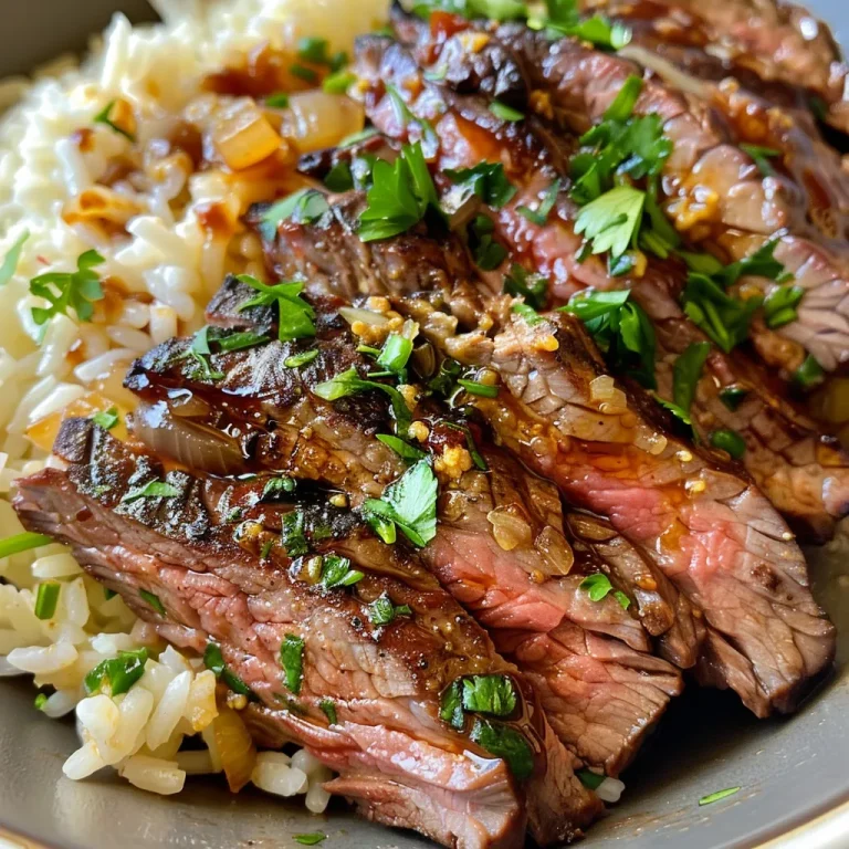 Juicy flank steak served over creamy rice with a glossy honey BBQ sauce.