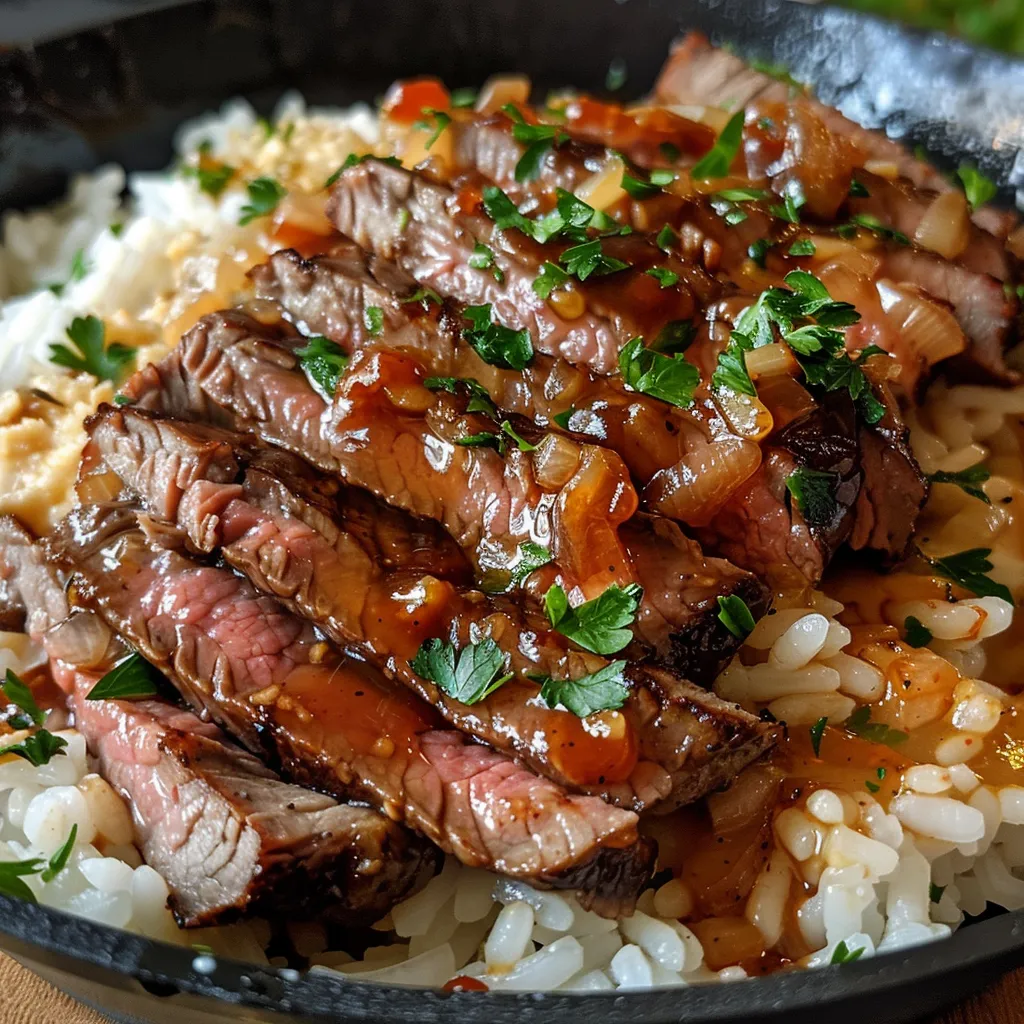 Close-up view of One Skillet Creamy Honey BBQ Steak Rice with garnished parsley.