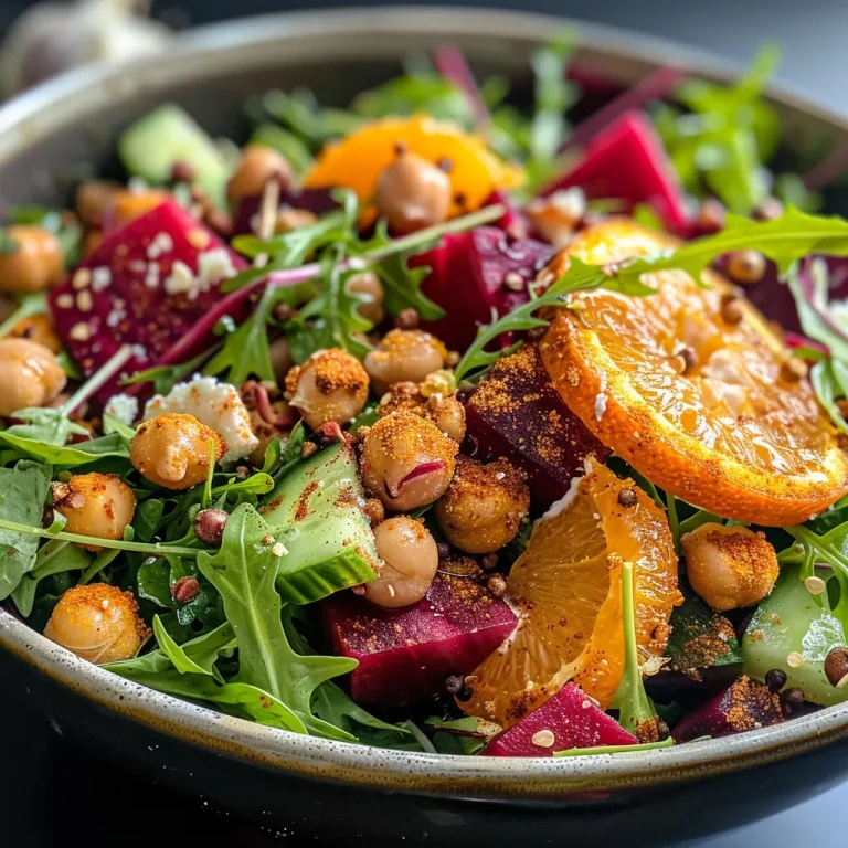 Close-up view of a vibrant orange-beet salad topped with crispy chickpeas and goat cheese.