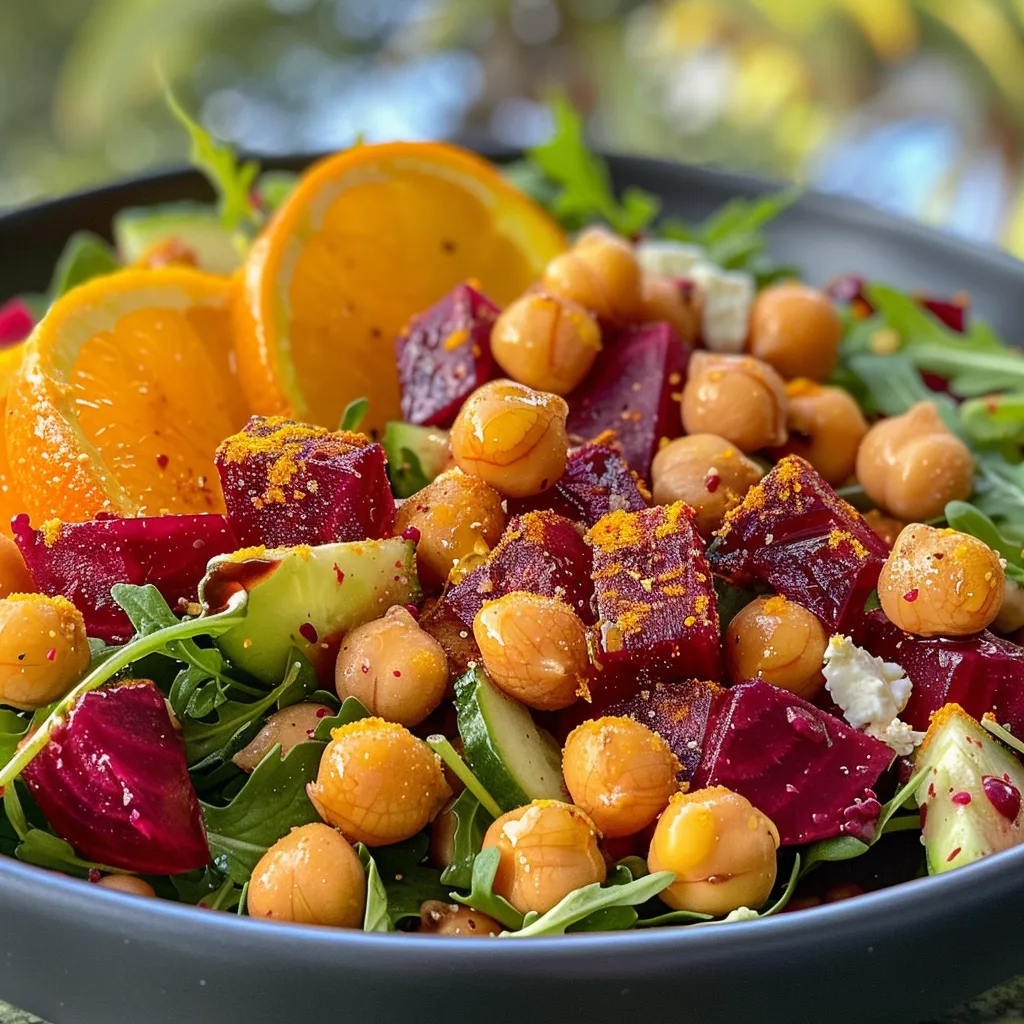 Side view of a colorful salad featuring juicy oranges, beets, cucumber, and crunchy chickpeas.