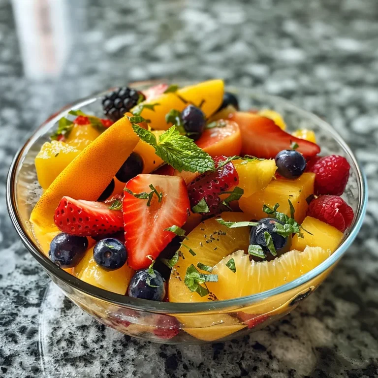 A vibrant bowl of peach fruit salad featuring sliced peaches, strawberries, blueberries, and blackberries.
