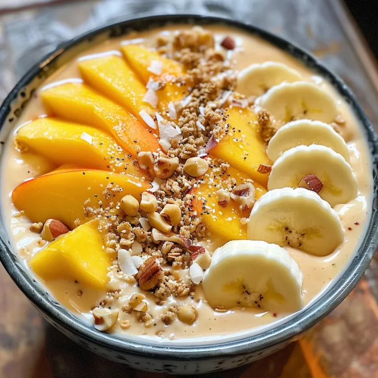 Close-up view of a peach mango protein smoothie bowl topped with granola and coconut.