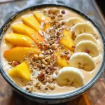 A side view of a colorful Peach Mango Protein Smoothie Bowl topped with granola and fruit slices.