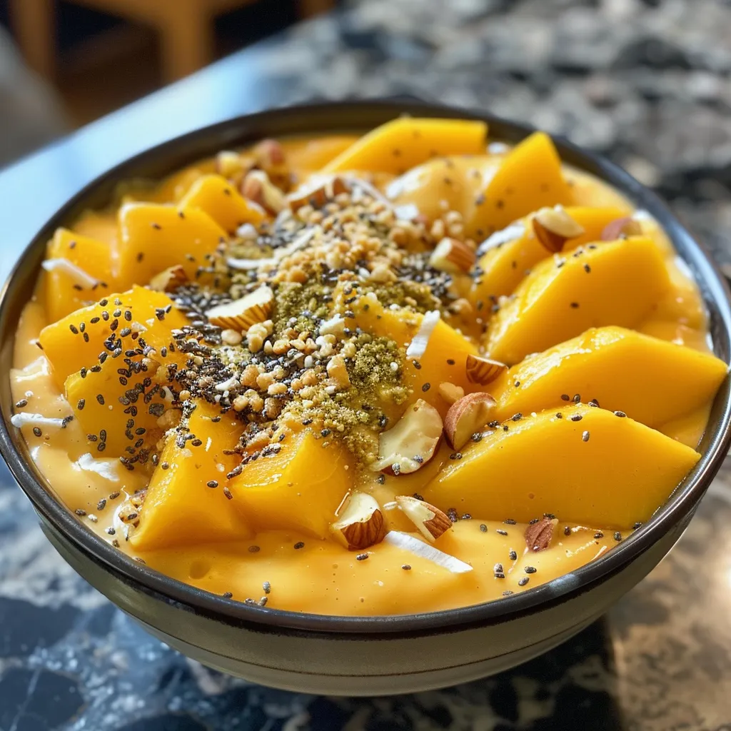 Close-up image of a smoothie bowl filled with peach and mango, garnished with nuts and coconut.