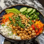 A close-up side view of a colorful Peanut Chickpea Veggie Bowl with assorted vegetables and toppings.