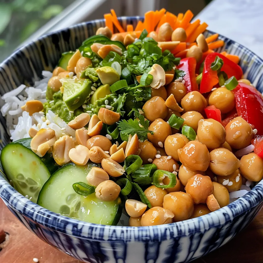 Vibrant Peanut Chickpea Veggie Bowl featuring mixed vegetables, chickpeas, and garnishes.