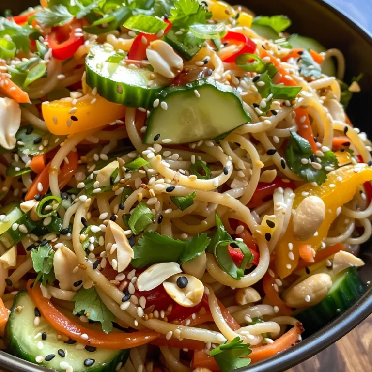 Close-up view of a vibrant peanut noodle pasta salad featuring colorful vegetables.