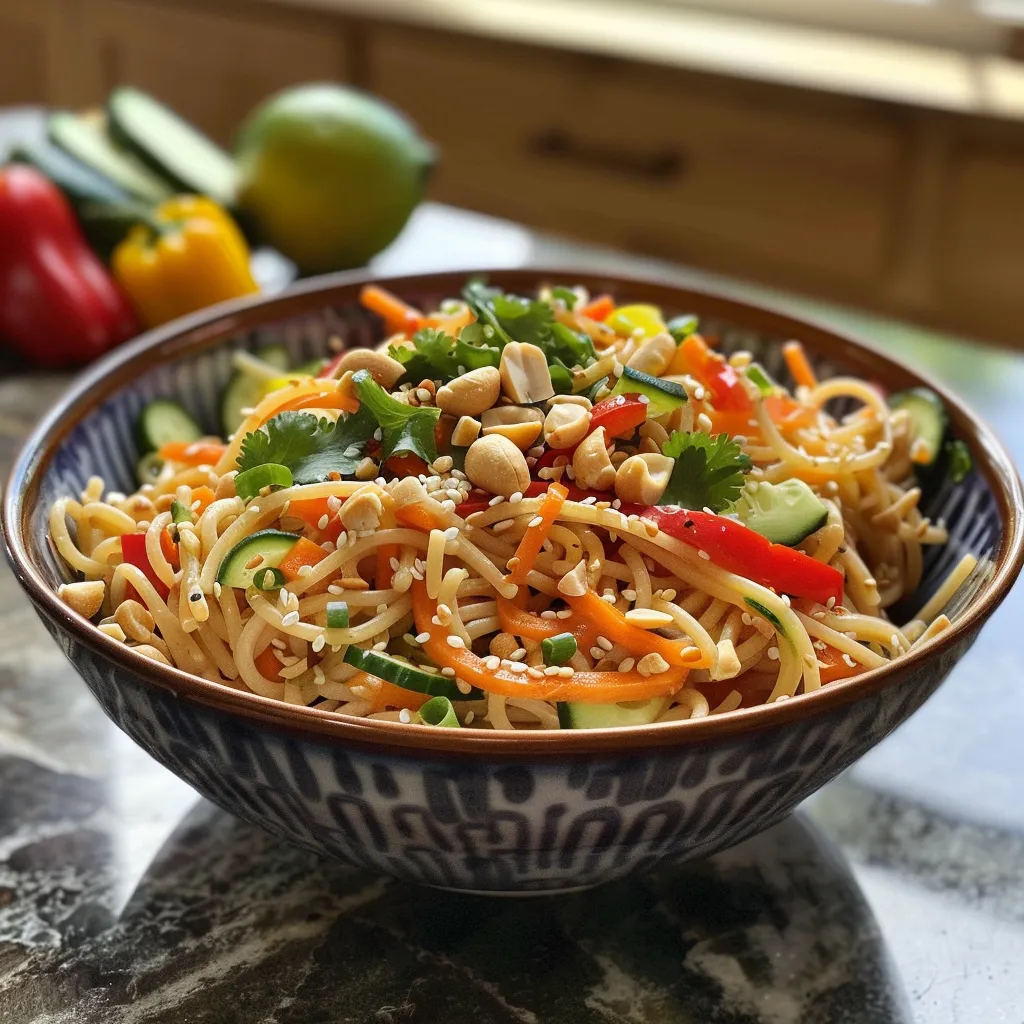 Juicy peanut noodle pasta salad with shredded carrots, cucumbers, and bell peppers.