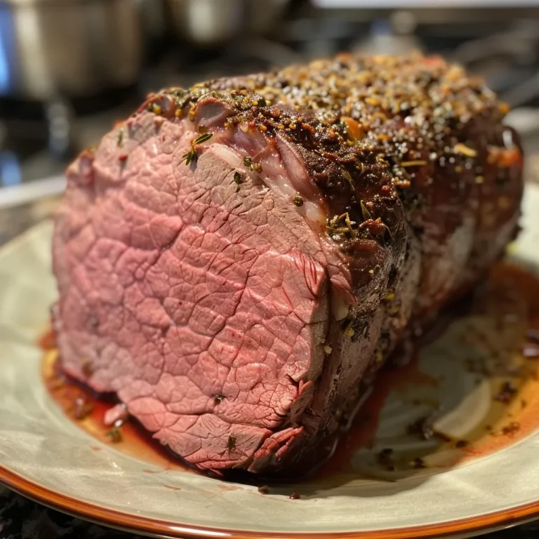 Close-up view of perfectly roasted beef showing juicy texture and seasoning.