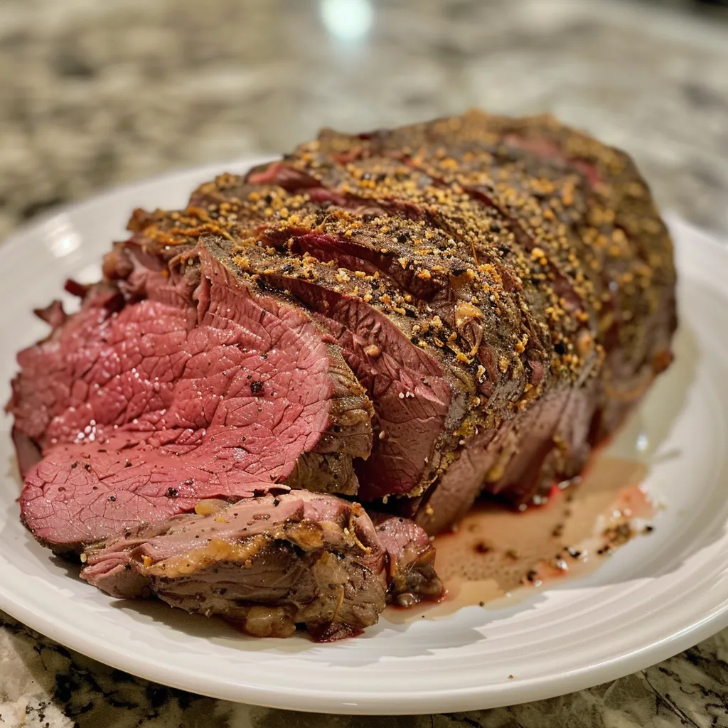 Side angle of a succulent roast beef, highlighting its golden crust and medium doneness.