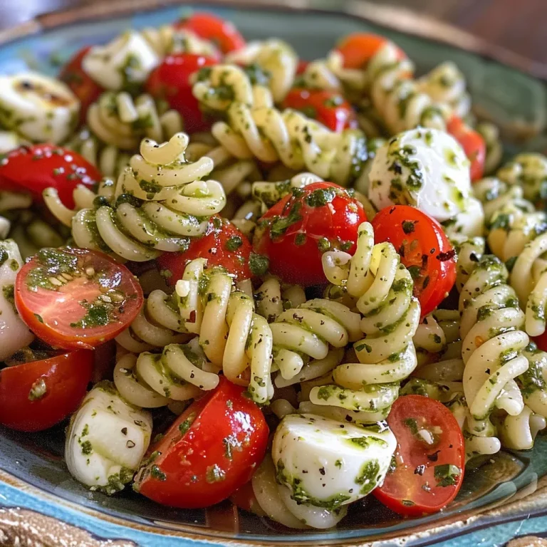 Close-up view of a vibrant Pesto Caprese Pasta Salad with cherry tomatoes and mozzarella balls.