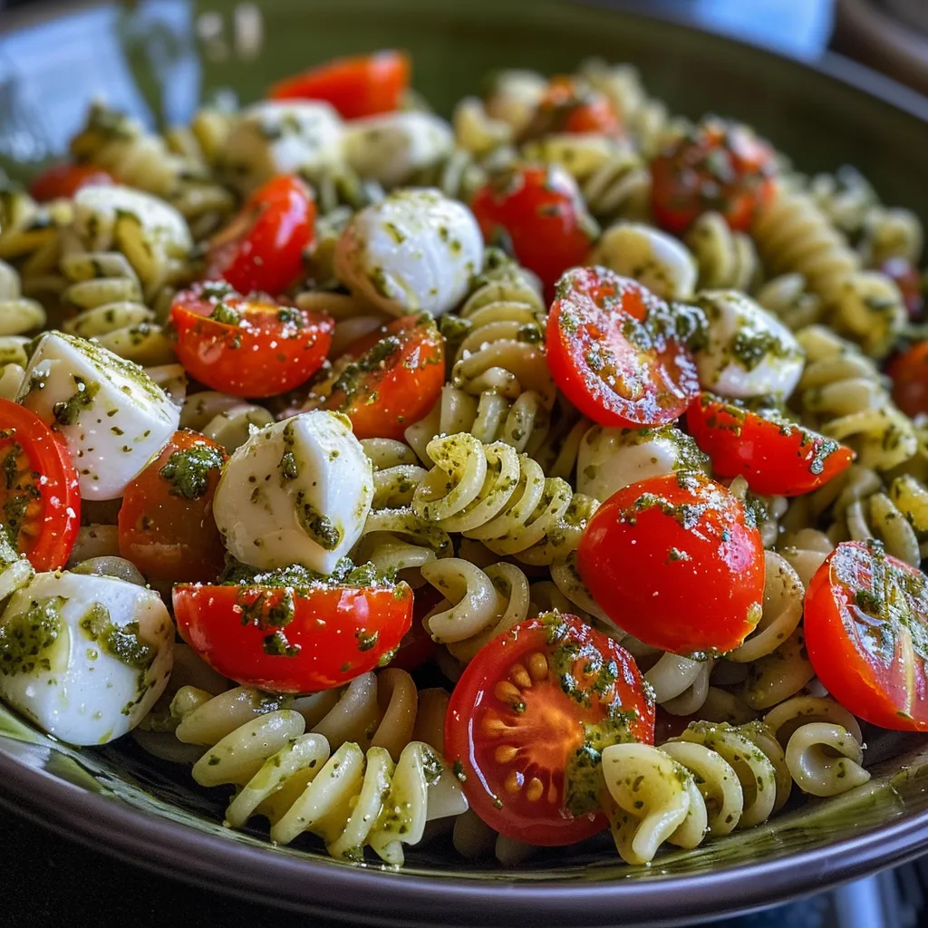 Side view of a pasta salad featuring fresh basil, cherry tomatoes, and smooth pesto dressing.