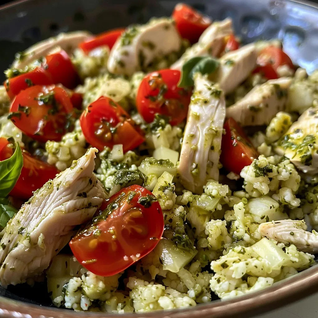 Juicy pesto chicken atop a bed of riced cauliflower, garnished with cherry tomatoes and basil.