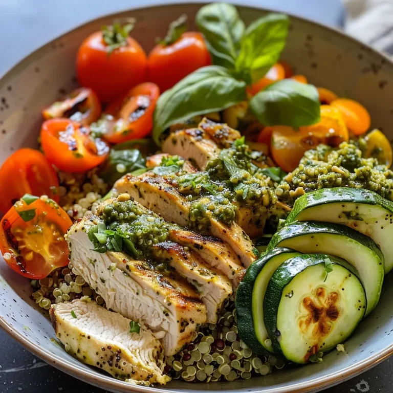 Close-up of a colorful pesto chicken quinoa bowl with fresh ingredients.