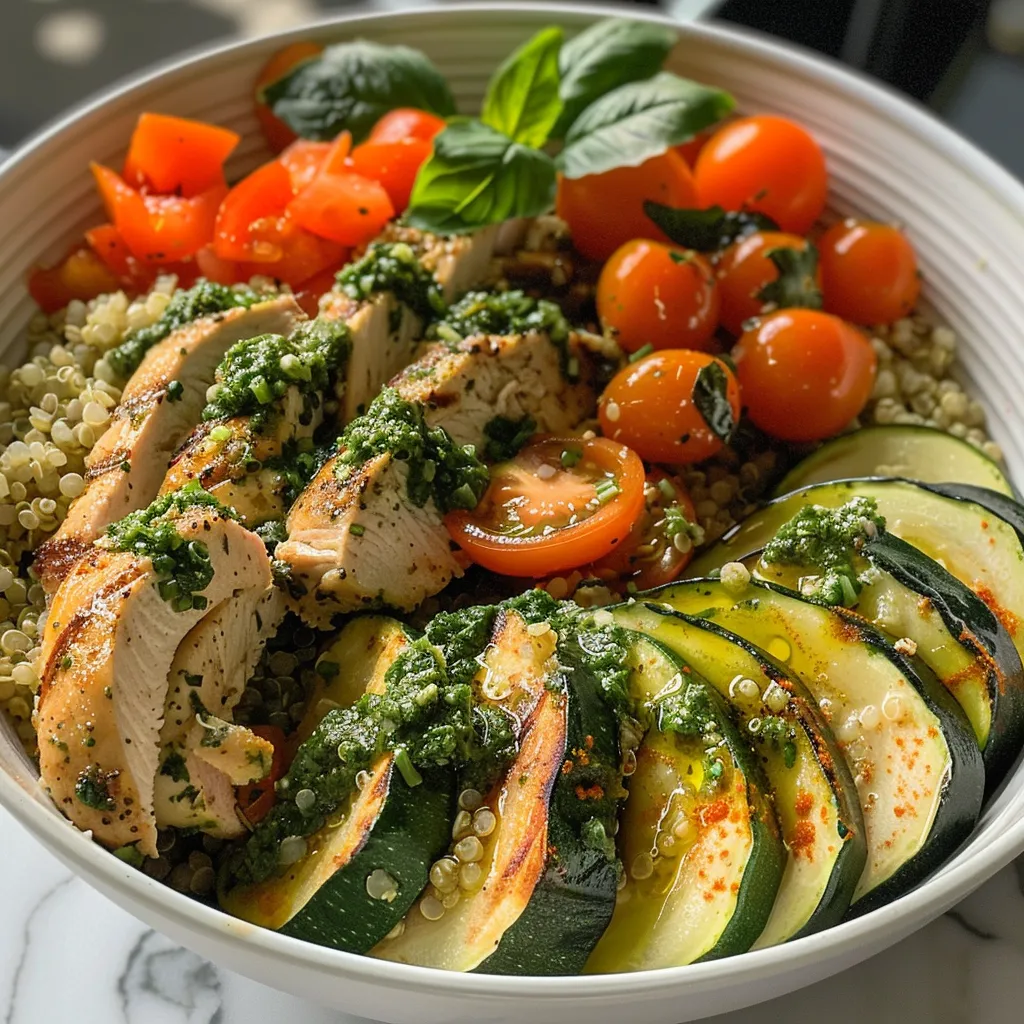 Side view of a vibrant bowl featuring quinoa, chicken, and cherry tomatoes.