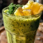 Close-up view of a refreshing Pineapple Kale Smoothie in a glass with a straw.