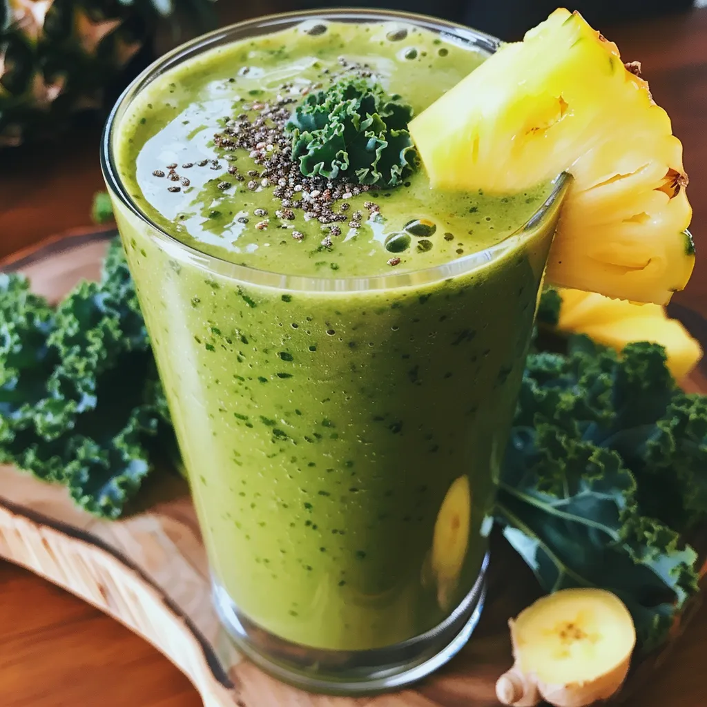 Side perspective of a vibrant green smoothie made with pineapple and kale.