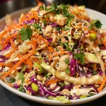 Close-up of a vibrant bowl of Quick Asian Coleslaw featuring colorful vegetables.
