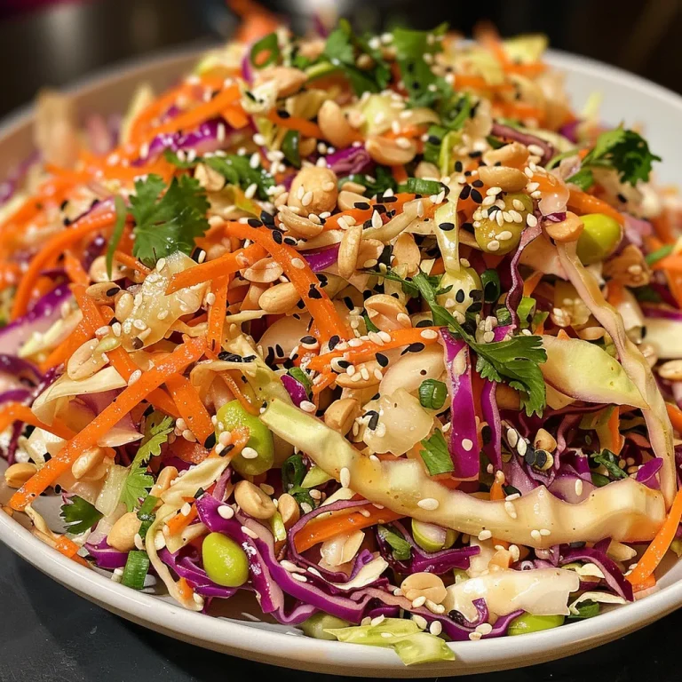 Close-up of a vibrant bowl of Quick Asian Coleslaw featuring colorful vegetables.
