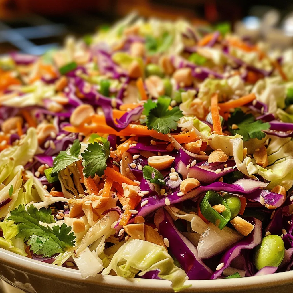 A side view of fresh coleslaw with red and green cabbage, carrots, and garnished with sesame seeds.